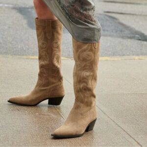 Zara Sand Beige Suede Embroidered High Cowboy Boots Size 39